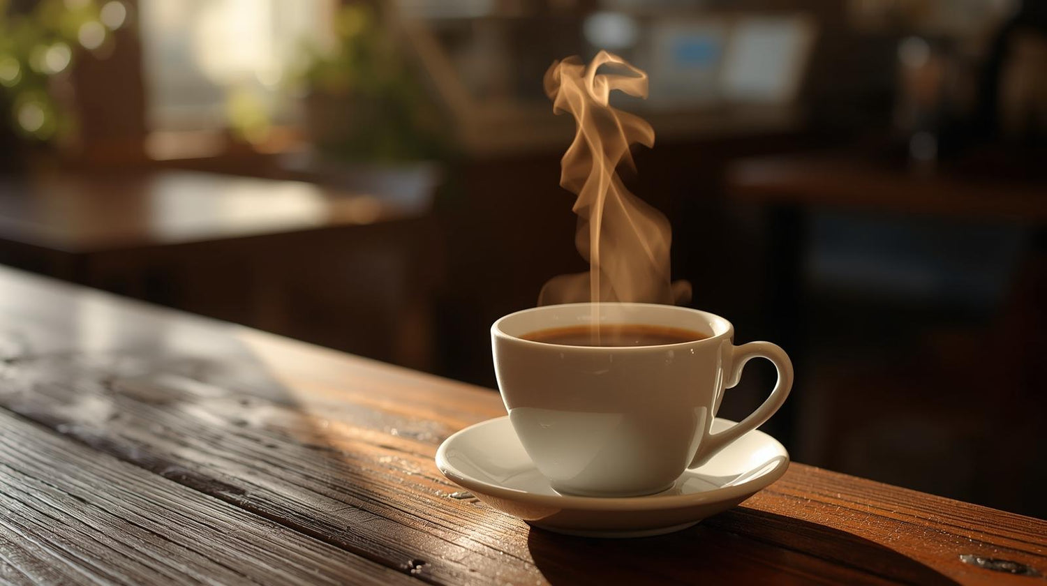 Steaming coffee cup on a wooden table with a blurred background